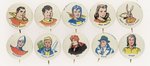 FAWCETT COMICS 1946 COMPLETE BUTTON SET FOR CAPTAIN MARVEL FAMILY & OTHER COMIC BOOK CHARACTERS.