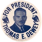 LARGE BLUETONE "FOR PRESIDENT THOMAS E. DEWEY" PORTRAIT BUTTON HAKE #15.