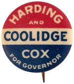 "HARDING AND COOLIDGE" AND COX MA COATTAIL BUTTON HAKE #35.