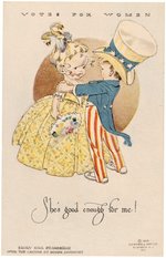 VOTES FOR WOMEN "SHE'S GOOD ENOUGH FOR ME" GRAPHIC SUFFRAGE POSTCARD.