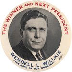 "THE HOPE OF OUR COUNTRY" COLORFUL WENDELL WILLKIE PORTRAIT BUTTON HAKE #8.