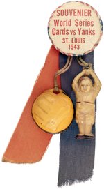 1943 WORLD SERIES NEW YORK YANKEES VS. ST. LOUIS CARDINALS BUTTON WITH ATTACHMENTS.