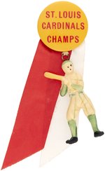 1946 ST. LOUIS CARDINALS WORLD SERIES "CHAMPS" BUTTON WITH PLAYER FIGURE ATTACHMENT.