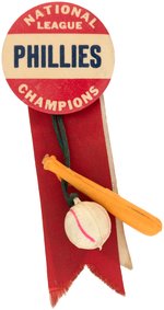 1950 PHILADELPHIA PHILLIES "NATIONAL LEAGUE CHAMPIONS" BUTTON WITH ATTACHMENTS.