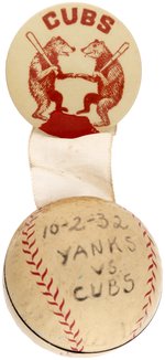 1932 CHICAGO CUBS BUTTON WITH TIN BASEBALL ATTACHMENT FROM WORLD SERIES GAME.