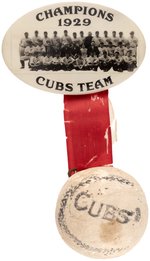 1929 CHICAGO CUBS TEAM "CHAMPIONS" REAL PHOTO BUTTON WITH BASEBALL ATTACHMENT.