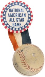 1940s NATIONAL AMERICAN ALL STAR GAME BUTTON WITH TIN BASEBALL ATTACHMENT.