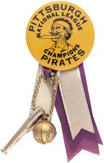 1960 PITTSBURGH PIRATES "NATIONAL LEAGUE CHAMPIONS" BUTTON (COLOR VARIETY) WITH ATTACHMENTS.