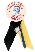 1960 PITTSBURGH PIRATES "NATIONAL LEAGUE CHAMPIONS" BUTTON (COLOR VARIETY) WITH ATTACHMENTS.