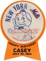 1964 CASEY STENGEL (HOF)/NEW YORK METS "VOTE" BUTTON AND BIRTHDAY FLICKER PIN.