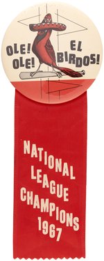 1967 ST. LOUIS CARDINALS "NATIONAL LEAGUE CHAMPIONS" ORLANDO CEPDEA (HOF) INSPIRED BUTTON WITH RIBBON.