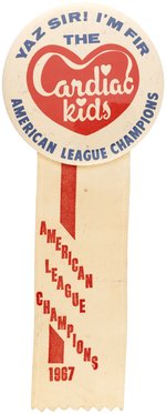 1967 BOSTON RED SOX "AMERICAN LEAGUE CHAMPIONS/CARDIAC KIDS" BUTTON WITH RIBBON.