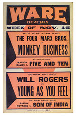 MARX BROTHERS “MONKEY BUSINESS” THEATRE WINDOW CARD.