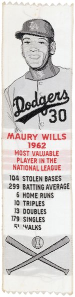 1962 MAURY WILLS NL MVP STEVENGRAPH SILK RIBBON.