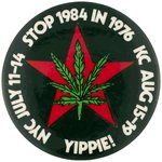 YIPPIE FLAG LOGO BUTTON TO PROTEST BOTH RNC AND DNC 1976 CONVENTIONS.