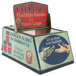 "EVEREADY FLASHLIGHT BATTERIES AND MAZDA LAMPS" TIN/GLASS STORE DISPLAY.