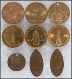 NEW YORK WORLD'S FAIR FIVE BRASS TOKENS AND TWO ROLLED PENNIES.