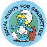 SPOOF WOMEN'S RIGHTS 1980 BUTTON FEATURING SMURFETTE.