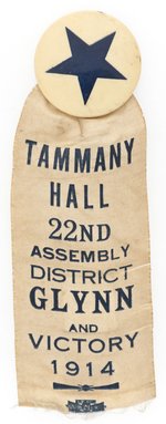 GLYNN AND VICTORY 1914 TAMMANY HALL 22ND DISTRICT RIBBON BADGE.