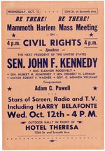 KENNEDY "MAMMOTH HARLEM MASS MEETING ON CIVIL RIGHTS" 1960 CAMPAIGN FLYER.