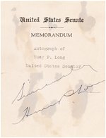 HUEY P. LONG KINGFISH SIGNED UNITED STATES SENATE MEMORANDUM.