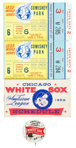 “1959 WORLD SERIES CHICAGO WHITE SOX” PAIR OF TICKETS WITH LETTER/SCHEDULE/LITHO PIN-BACK.