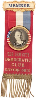 COX 1.75" BUTTON ON "GEM CITY DEMOCRATIC CLUB DAYTON, OHIO" 1920 RIBBON BADGE.