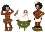 WINSOR McCAY JR. “JUNGLE IMPS” GLAZED CERAMIC THREE FIGURE LOT WITH CAULDRON.