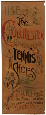 1890s COLCHESTER TENNIS SHOES ADVERTISING SIGN FEATURING SPORTS IMAGES INCLUDING BASEBALL PLAYER.