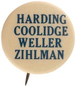 HARDING, COOLIDGE, WELLER & ZIHLMAN 1920 MARYLAND COATTAIL BUTTON.