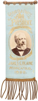 BLAINE "FOR PRESIDENT 1892" APPLIED REAL PHOTO HOPEFUL RIBBON.