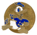 DONALD RUNNING WITH SCHOOL BOOKS ENAMEL ON BRASS LAPEL STUD.