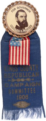 HUGHES "FOR GOVERNOR" BUTTON ON "KINGS COUNTY" 1906 RIBBON.