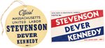 STEVENSON, DEVER & KENNEDY 1952 MASSACHUSETTS COATTAIL BADGE AND PALM CARD.