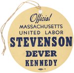 STEVENSON, DEVER & KENNEDY 1952 MASSACHUSETTS COATTAIL BADGE AND PALM CARD.