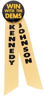 "KENNEDY JOHNSON" RIBBONS ON "WIN WITH THE DEMS" 1960 CAMPAIGN BUTTON.