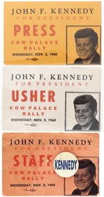 KENNEDY USHER, PRESS AND STAFF BADGE TRIO FOR SAN FRANCISCO, CA 1960 RALLY.