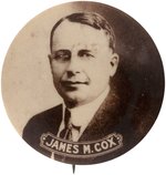 "JAMES M. COX" LARGE 1.75" SEPIA TONED REAL PHOTO BUTTON.