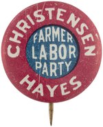 CHRISTENSEN & HAYES FARMER LABOR PARTY 1920 CAMPAIGN BUTTON.