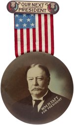 "WM. H. TAFT FOR PREISDENT" 1908 3.5" BUTTON ON CELLO HANGER.