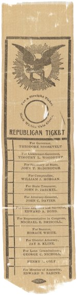 "FOR GOVERNOR" ROOSEVELT & WOODRUFF 1898 NEW YORK SILK RIBBON BALLOT.