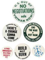 SDS- STUDENTS FOR A DEMOCRATIC SOCIETY COLLECTION OF SIX ANTI-WAR BUTTONS.