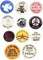 ANTI-VIETNAM WAR COLLECTION OF 11 BUTTONS INC. "NO MORE NAPALM".