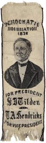 TILDEN & HENDRICKS "DEMOCRATIC NOMINATIONS 1876" WOVEN SILK RIBBON.