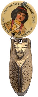 LITTLE GROWLING BIRD C. 1906 EARLY NEWSPAPER COMIC STRIP PROMO BUTTON W/CLICKER.