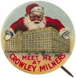 SANTA HOVERING OVER GIANT CROWLEY MILNERS DETRIOT STORE  BUTTON C. 1921.