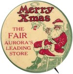 SANTA FIRST SEEN BUTTON WITH HIM IN CHAIR WITH  PIPE IN HAND, CURLING SMOKE AND HOLLY ACCENT.