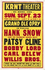 PATSY CLINE, HANK SNOW "GRAND OLE OPRY DES MOINES, IA 1962 COUNTRY & WESTERN CONCERT POSTER.