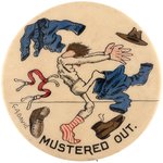 1899 CARTOON BUTTON SOLDIER KICKS OFF HIS UNIFORM WITH VIGOR UPON BEING "MUSTERED OUT."