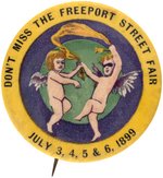 FREEPORT STREET FAIR 1899 BUTTON WITH DANCING CHERUBS, ONE WITH MASK.